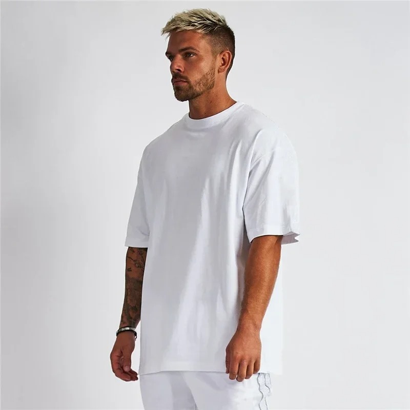 Solid Color Gym Running Sport Clothing Fitness Oversized Loose Cotton Shirt Men Hip Hop Short Sleeve Bodybuilding Muscle T-shirt
