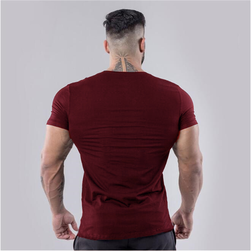 Plain Cotton Gym T-shirt Men Summer Fitness Clothing V-Neck Short Sleeve T shirt Slim Fit Tshirt Bodybuilding Workout Tees Tops